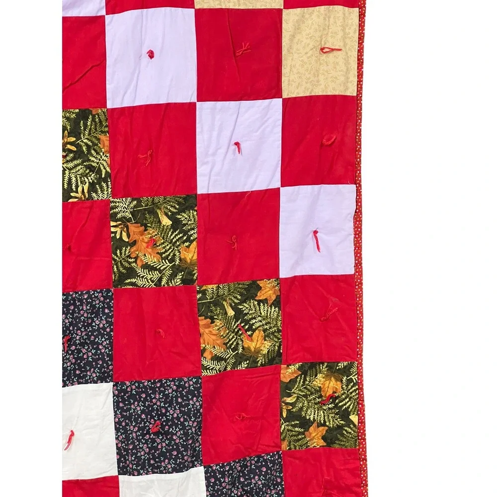 Handmade Patchwork Quilt 60x72 Red Cottage Floral Plaid Twin Topper Throw - Picture 3 of 5